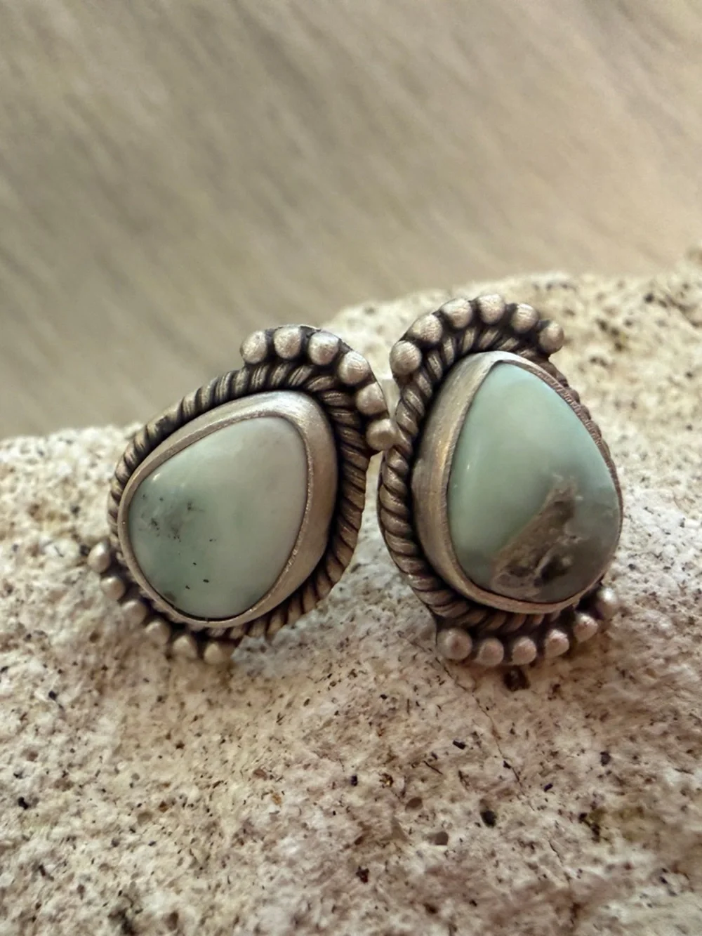 ❤️ Paloma Variscite Navajo Style Brushed Sterling Stud Earrings Closed Back